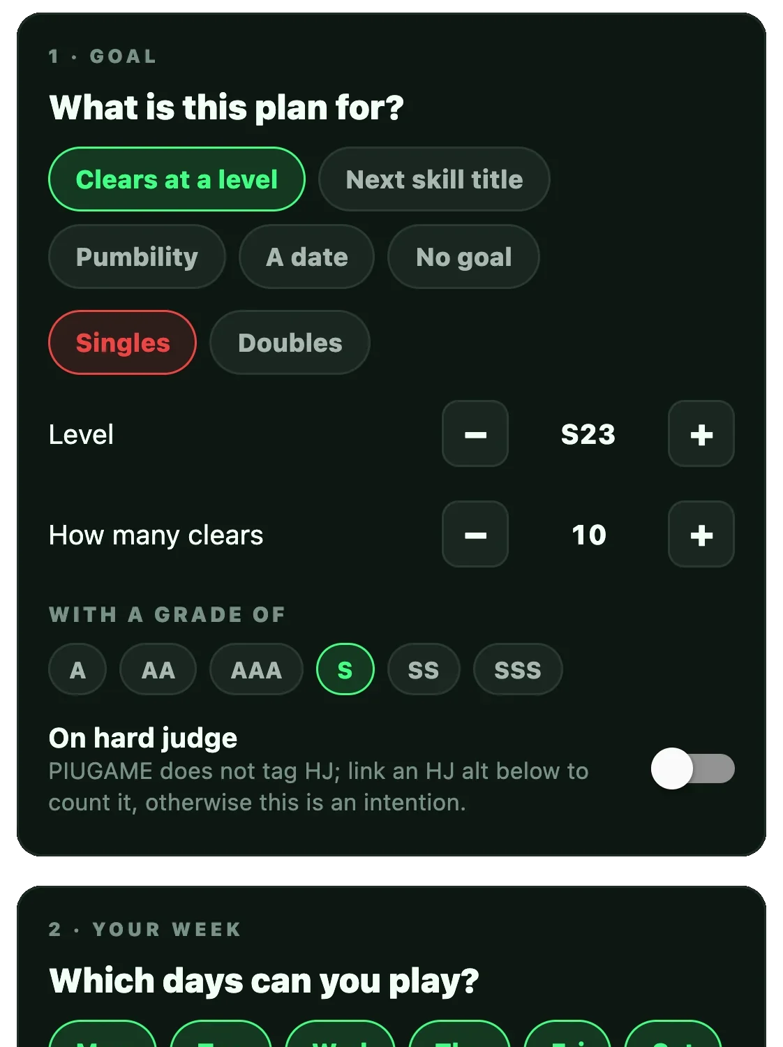 Building a training plan: the goal, the level, the days and minutes you can play, and a preset to start from.