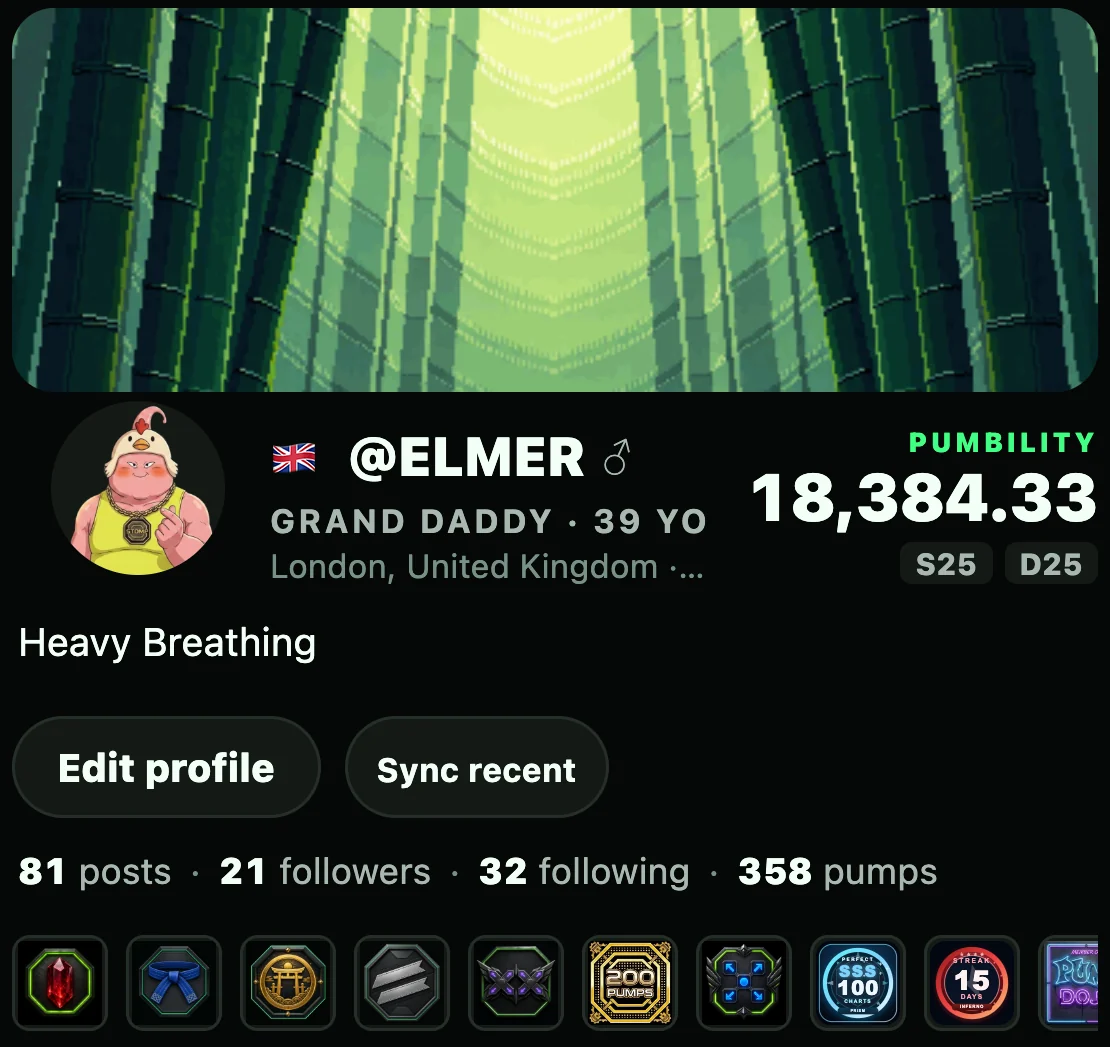 A Shinsa profile: avatar, pumbility 18,384.33, 81 posts, 21 followers, 32 following, 358 pumps and earned badges.